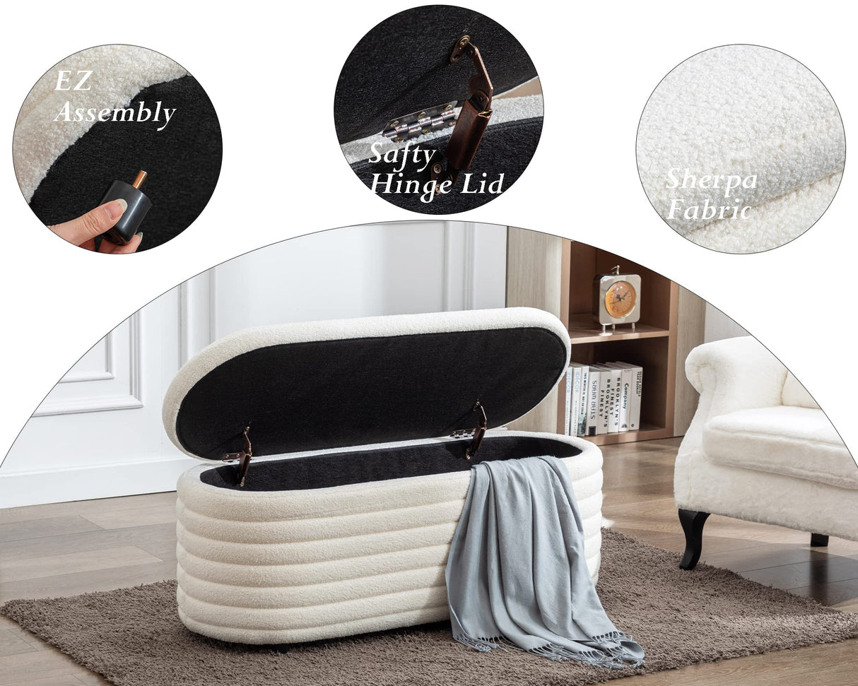 DM Furniture Storage Teddy Ottoman Bench Upholstered Fabric Storage Bench End of Bed Stool with Safety Hinge for Bedroom, Living Room, Entryway, Closet(44.5-inch, White) DM Furniture