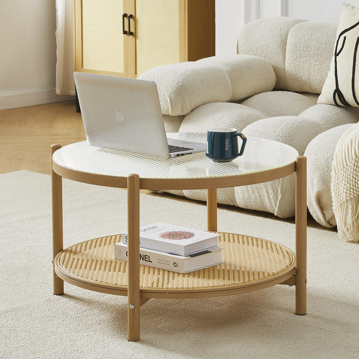 COSVALVE 27.5" Boho Rattan Coffee Table, Round Glass Metal Center Table, Modern Simple 2 Tier Middle Table for Small Space Living Room Bedroom Office Meeting Room COSVALVE