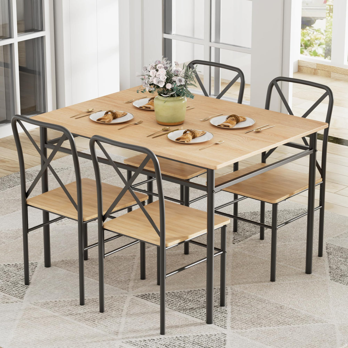 VECELO 5-Piece Kitchen Dining Table Set, Wood Tabletop & Heavy-Duty Metel Frame, Rectangle Dinette with 4 Chairs for Small Space, Breakfast Nook, Natural & Black VECELO