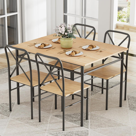 VECELO 5-Piece Kitchen Dining Table Set, Wood Tabletop & Heavy-Duty Metel Frame, Rectangle Dinette with 4 Chairs for Small Space, Breakfast Nook, Natural & Black VECELO