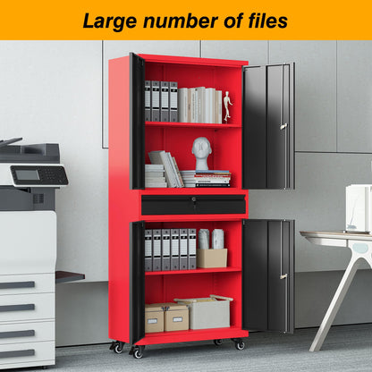 Metal Storage Cabine，73" Tall Garage Storage Cabinet，with 2 Tier Shelves and Locking Rolling Tool Storage Cabinet，for Garage Home，Kitchen，Office，Utility Room，Warehouse (Red Black, 73"H -Wheels)