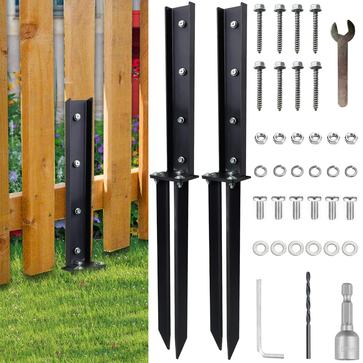 2 Pack Fence Post Repair Kit， Fence Post Anchor Kit, Heavy Duty Steel Fence Post Repair Stakes, Fence Post Anchor Ground Spike for Repairing Tilted Broken Wooden Fence Post, Black YSaekYeo