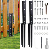 2 Pack Fence Post Repair Kit， Fence Post Anchor Kit, Heavy Duty Steel Fence Post Repair Stakes, Fence Post Anchor Ground Spike for Repairing Tilted Broken Wooden Fence Post, Black YSaekYeo