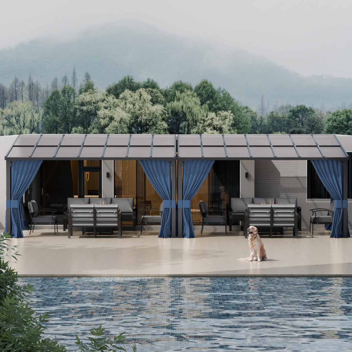 ASJMR Outdoor Lean to Gazebo 10x28FT, Hardtop Wall Mounted Gazebo with Sloping Sun Panel Roof, Awnings for Patio with Metal Frame, Double Curtains for Garden, Lawn, Backyard Deck ASJMR