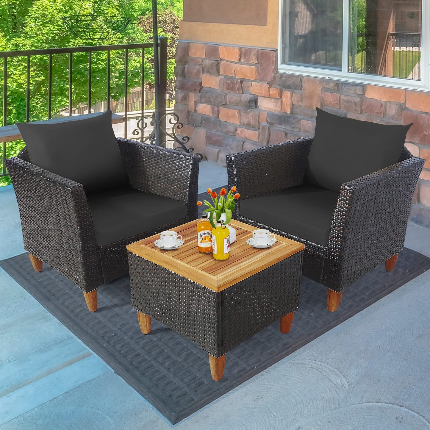 Tangkula 3-Piece Patio Furniture Set, Patiojoy Outdoor PE Wicker Bistro Set with Soft Cushions and Solid Acacia Wood, Outdoor Conversation Set with Porch, Balcony and Garden (Black) - WoodArtSupply