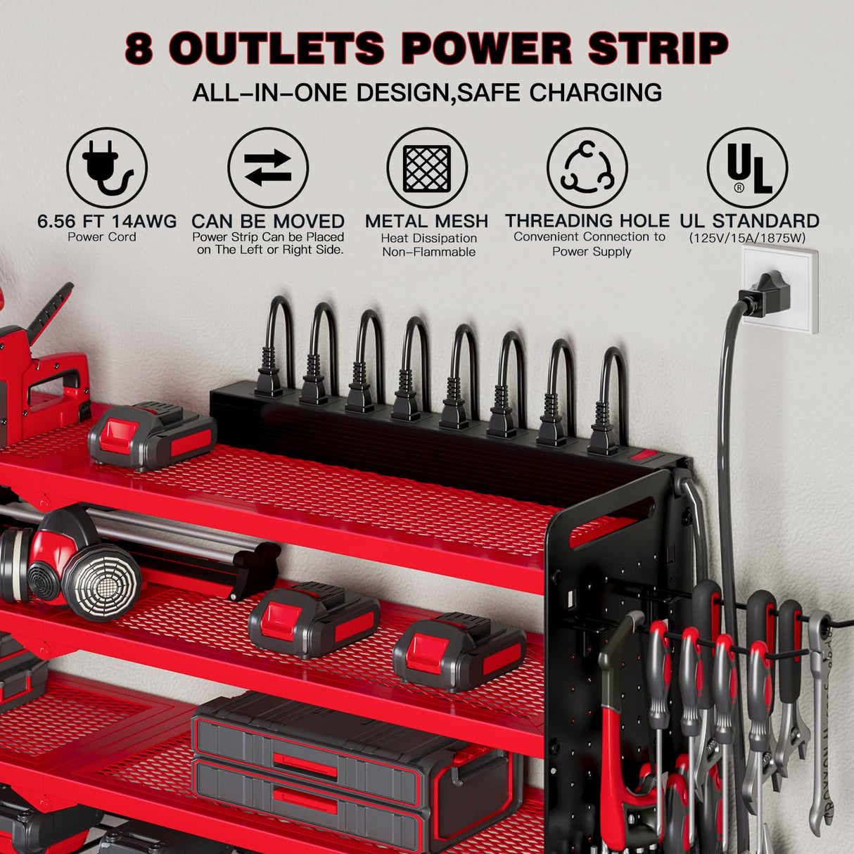 NattyDot Power Tool Organizer Wall Mount with Charging Station,Cordless Tool Organizer 8 Drill Holder, 4 Layer Storage Rack for Garage Organization,Tool Holder with 8 Outlet Power Strip (Red) NattyDot