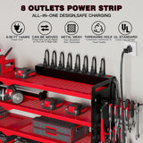 NattyDot Power Tool Organizer Wall Mount with Charging Station,Cordless Tool Organizer 8 Drill Holder, 4 Layer Storage Rack for Garage Organization,Tool Holder with 8 Outlet Power Strip (Red) NattyDot