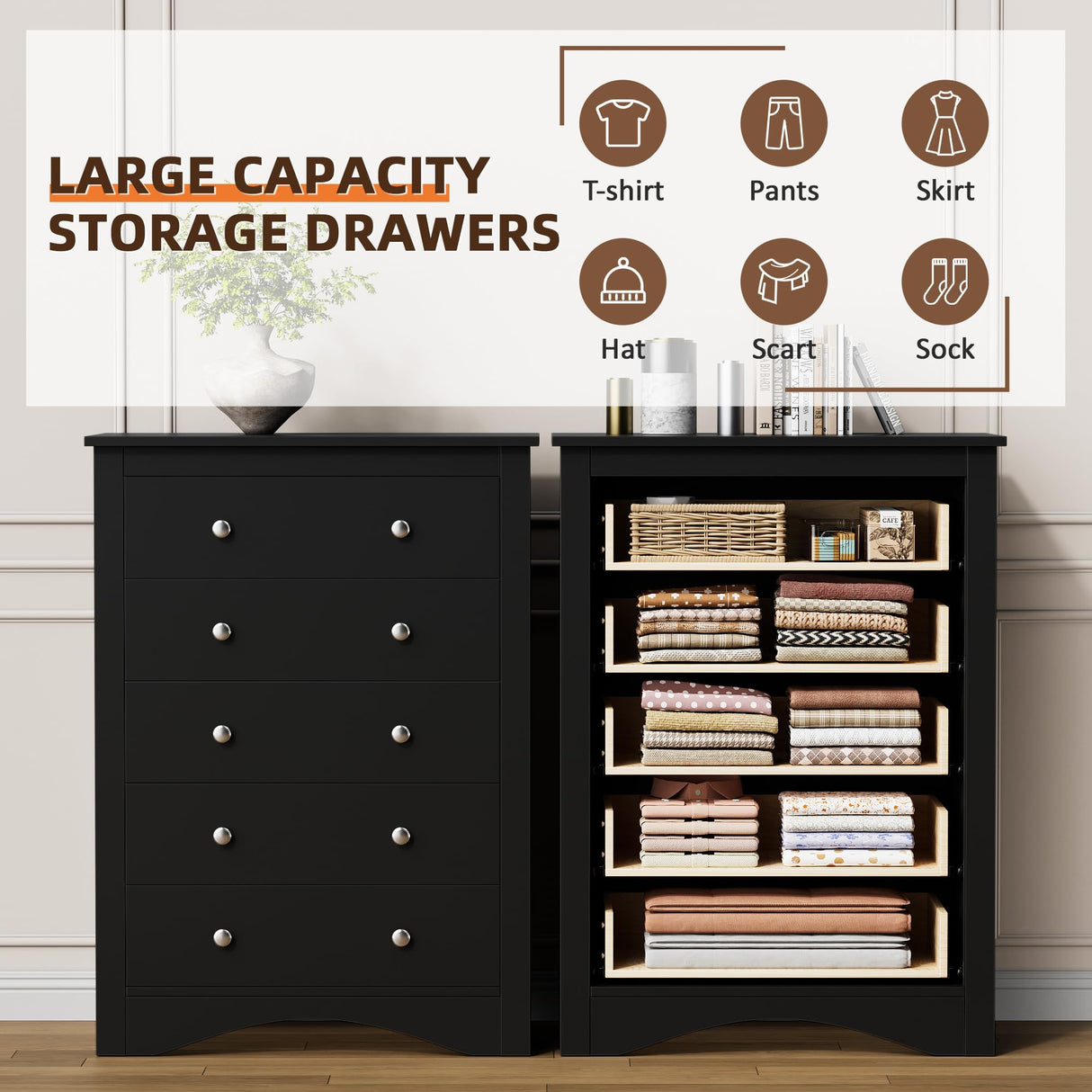 Flamaker Tall Dresser for Bedroom, 5 Drawer Dresser, Wood Dressers, Wide Chest of Drawer, Storage Drawers, Storage Organizer for Closet, Hallway (Black) Flamaker