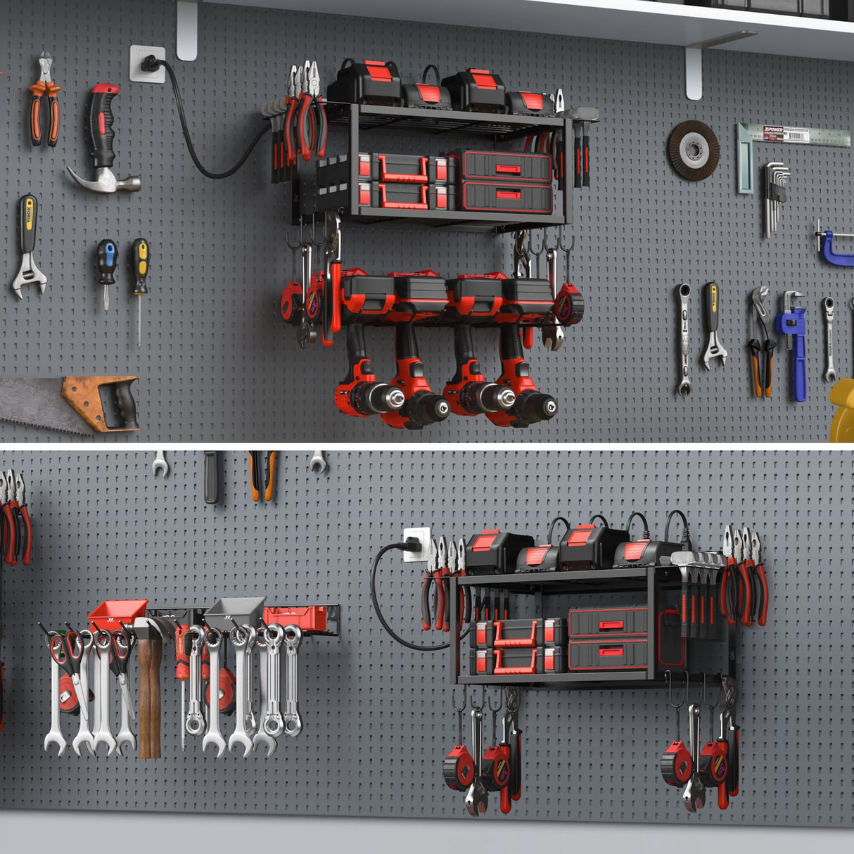 JUNNUJ Tool Organizer with Charging Station, 3 Layers Wall Mount Garage Tools Storage with 8 Outlets Power Strip, 4 Drills Holder Battery Heavy Duty Metal Shelf, Utility Rack with Hooks, Black JUNNUJ