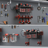 JUNNUJ Tool Organizer with Charging Station, 3 Layers Wall Mount Garage Tools Storage with 8 Outlets Power Strip, 4 Drills Holder Battery Heavy Duty Metal Shelf, Utility Rack with Hooks, Black JUNNUJ