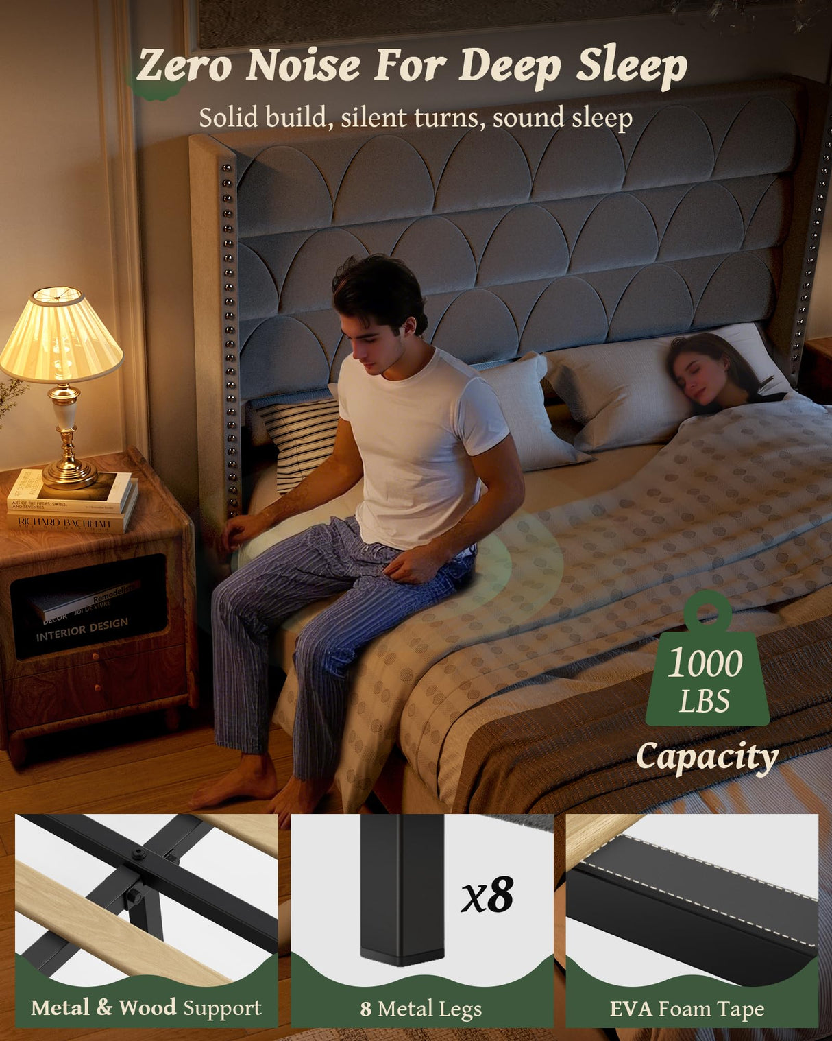 OHOHOLIVE King Size Bed Frame with 56" Headboard - 1000LBS Capacity Support, Velvet Upholstered Wingback Platform Bed Frame, Noise Free, Sturdy Wooden Slat Support OHOHOLIVE