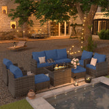 UDPATIO Outdoor Patio Furniture Set with 44" Fire Pit Table, 8 Pieces Sectional Conversation Sets, All-Weather Wicker Rattan Sofa Ottoman with 4" Thick Cushion for Garden Backyard Deck, Navy Blue UDPATIO