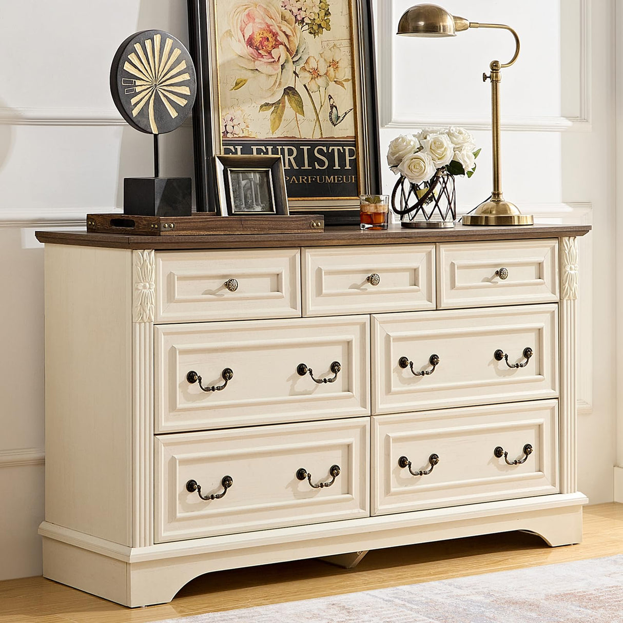 BLANKSPACE Rustic White Dresser for Bedroom,7 Drawers Dresser, Farmhouse Dresser for Living Room,7 Chest of Drawers with Thickened Wood Carving for Closet,Hallway BLANKSPACE