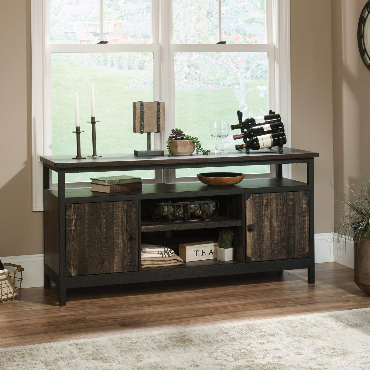 Sauder Steel River Metal & Wood Credenza with Doors, for TVs up to 60", Carbon Oak Sauder