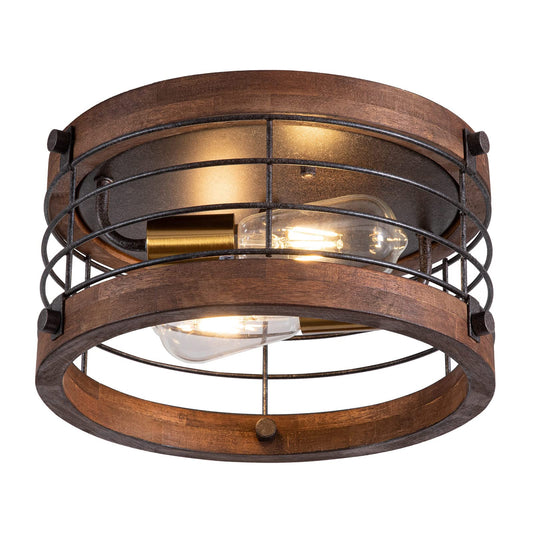 wochos Farmhouse Flush Mount Ceiling Light, 12.6 Inch 2-Light Metal and Wood Close to Ceiling Light Fixture, Rustic Drum Semi Ceiling Light for Kitchen, Dining Room, Living Room, Hallway, Entryway