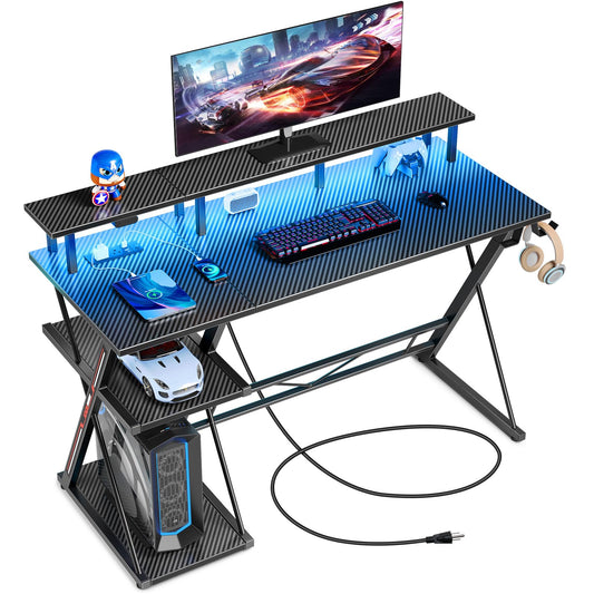 SEVEN WARRIOR Gaming Desk with LED Lights & Power Outlets, 39" Computer Desk with Monitor Stand & Storage Shelf, Gaming Table with Earphone Hook, Office Desk with Footrest, Carbon Fiber Black - WoodArtSupply