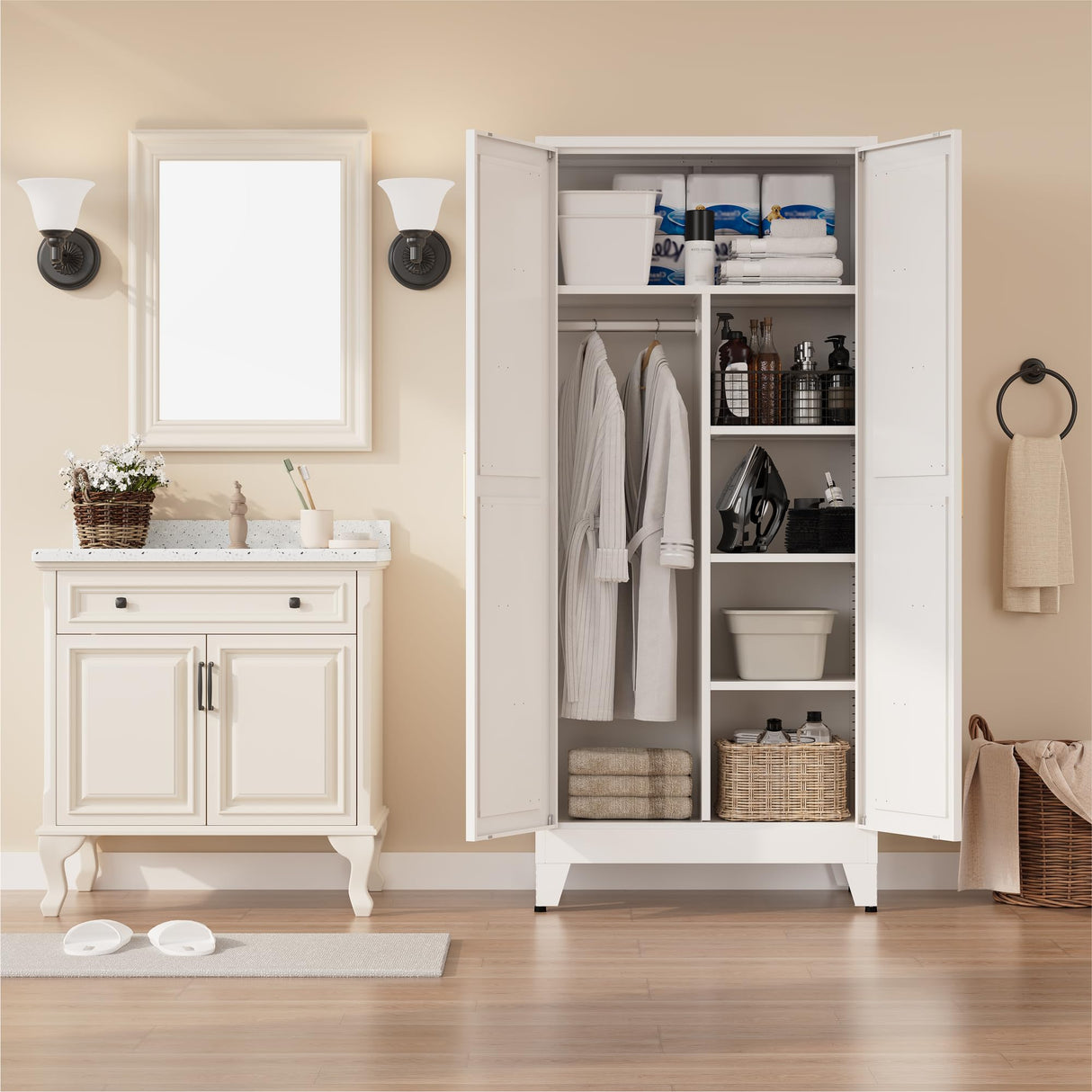 XIUSVON Metal armoire Wardrobe Closet with Hanging Rod,71'' Metal Wardrobe Cabinet with 2 Doors and 2 Adjustable Shelves, Bedroom armoires,Laundry Room cabinets,armario de ropa Closet(Modern, White) XIUSVON