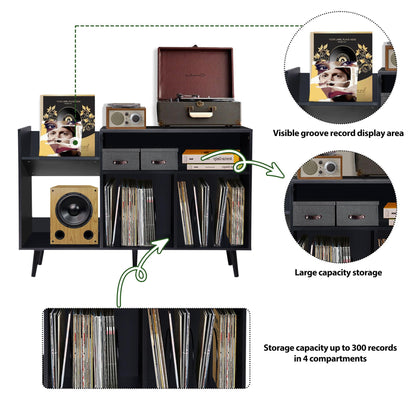 Large Record Player Stand, Mid-Century Modern Vinyl Record Storage Table with Record Storage and Wood Legs, Turntable Stand Holds Up to 300 Albums for Living Room, Bedroom