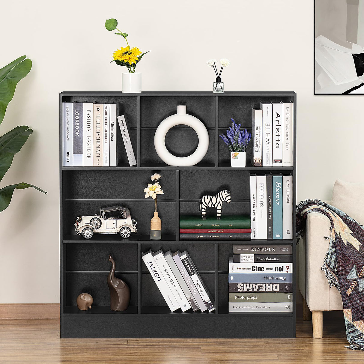 YAHARBO Modern Black 3-Tier Wide Bookshelf with 8 Cubes for Versatile Storage and Display YAHARBO