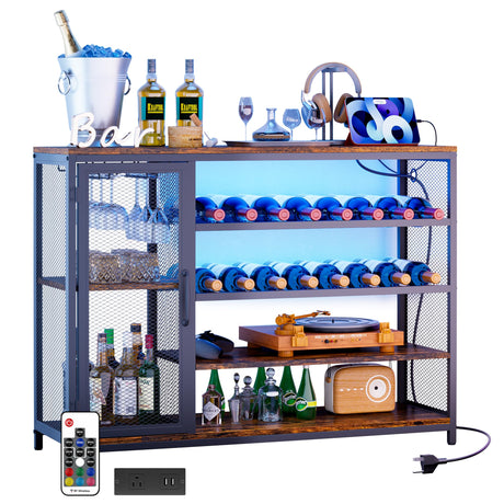 Jsluiiys LED Bar Cabinet for Home, Dimmable Wine Bar Cabinet with LED Lights and Charging Station, Home Bar Liquor Cabinet with Shelving and Glass Holders for Living Room Dining Room, Rustic Brown Jsluiiys