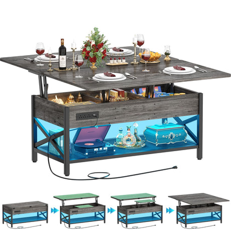 Aheaplus Coffee Table Lift Top Multi-Function Coffee Table Converts to Dining Table, with LED Light and Power Outlet, Center Table with Shelves for Living Room Reception Home Office, Black Oak Aheaplus