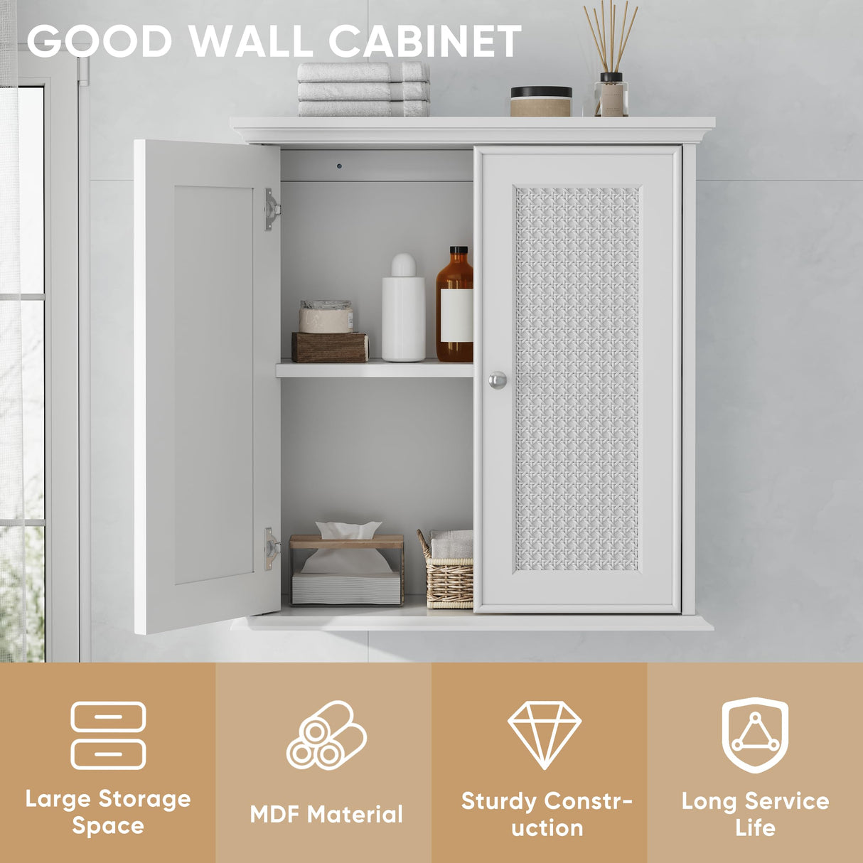 Smuxee White Bathroom Cabinet Wall Mounted with Rattan Doors, Bathroom Medicine Cabinet with Adjustable Shelf, Bathroom Wall Cabinet Over Toilet for Laundry Room Kitchen Smuxee