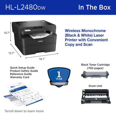 Brother HL-L2480DW Wireless Compact Monochrome Multi-Function Laser Printer with Copy and Scan, Duplex, Mobile, Black & White | Includes Refresh Subscription Trial(1), Amazon Dash Replenishment Ready Brother