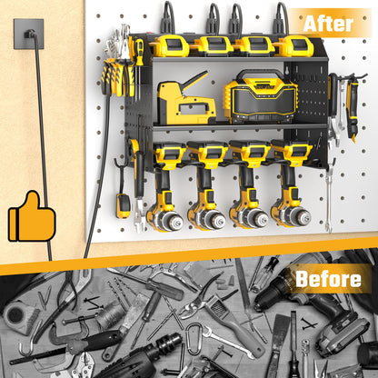 ZESEN Power Tool Organizer with Charging Station, Heavy Duty 3 Layer Drill Holder Wall Mount Garage Shelf Rack with 6 Outlet Power Strip, Tool Shelf with Hooks, Drill Bit Rack for Garage, Black