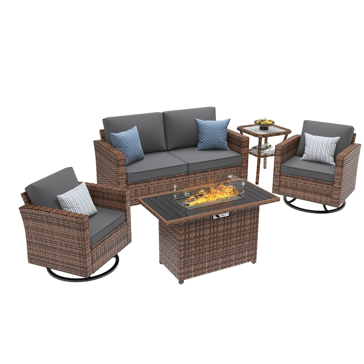 UDPATIO 5 Pieces Patio Furniture Set with Fire Pit Table, Outdoor Furniture Set with Rocking Swivel Chairs, Wicker Patio Set with Waterproof Cover, 4'' Thickened Cushion, Grey UDPATIO