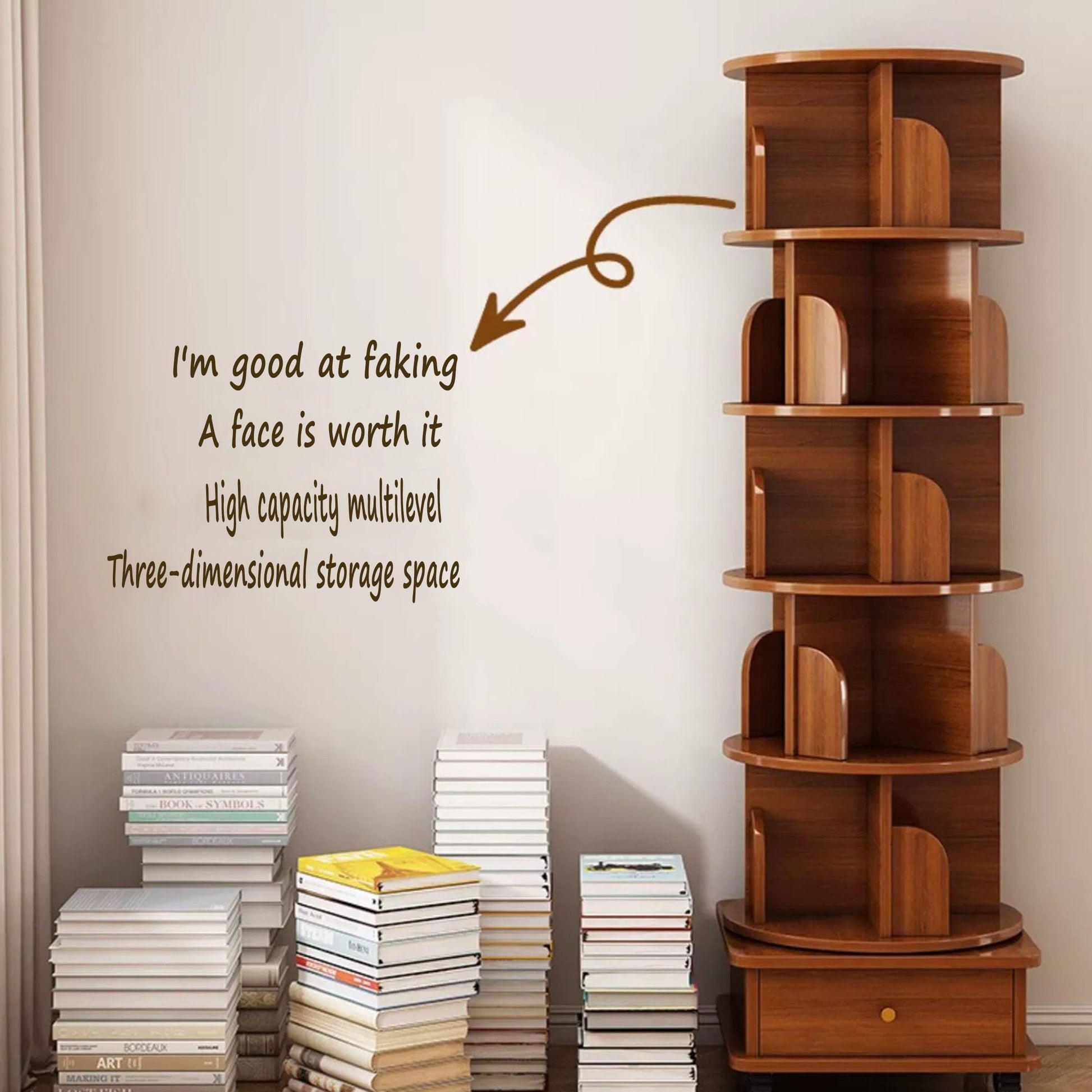 TruRim 360° Rotating Wooden Bookshelf Tower - Space-Saving Six-Tier Storage for Home - WoodArtSupply