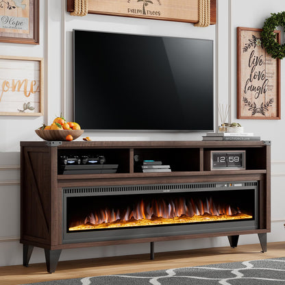 Amerlife 65" Fireplace TV Stand with 60" Glass Electric Fireplace, Industrial & Farmhouse Media Entertainment Center with Open Shelve Storage for TVs Up to 75", TV Console for Living Room, Espresso