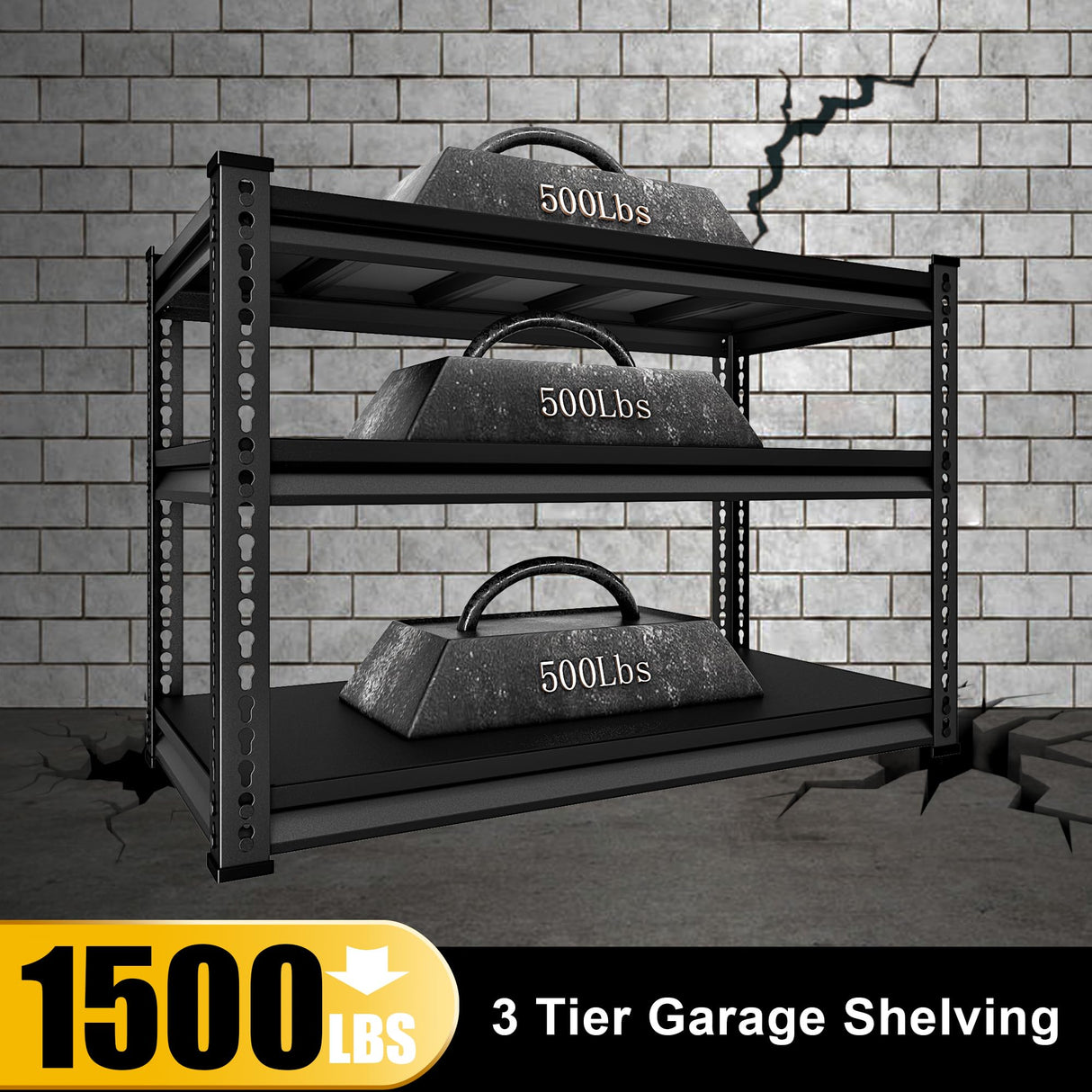 SDXYSTCE 48" W Garage Shelving Heavy Duty, 1500LBS Loads Shelving Units and Storage Racks, 3-Tier Metal Garage Storage Shelves, Industrial Utility Shelf Heavy Duty,48" Wx16 Dx39 H, Black SDXYSTCE