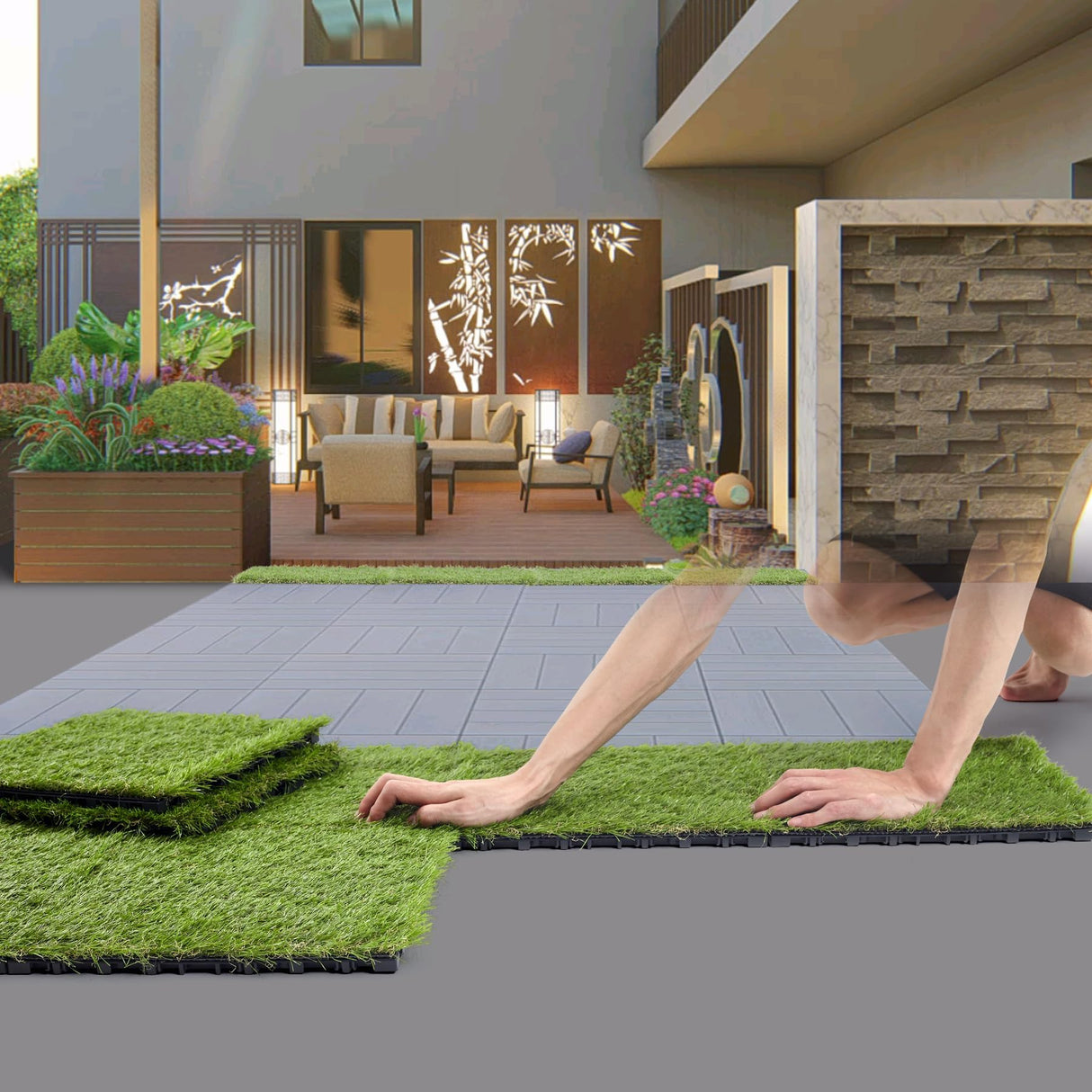 LOKANG Artificial Grass Turf Tile 12"x12" Synthetic Turf Grass Self-Draining Interlocking Deck Tiles Fake Grass Decor for Balcony & Patio Indoor & Outdoor Pet Areas (8-Pack) LOKANG