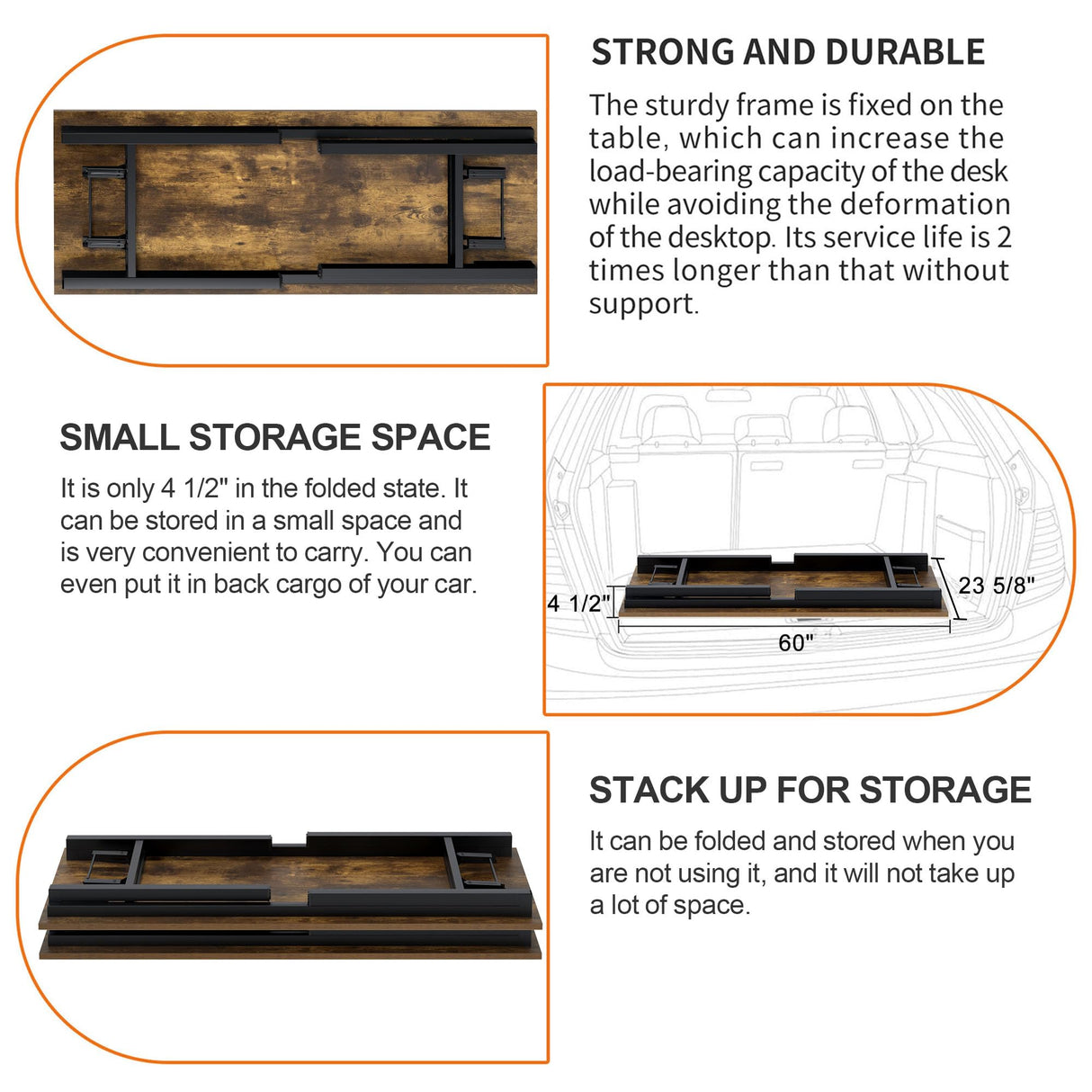 Need Home Office Desk Large Computer Desk 60 inch Sturdy Table Foldable Desk Gaming Computer Table No Assembly Required, Rustic Brown&Black Frame AC5FB(152.4 * 60) Need
