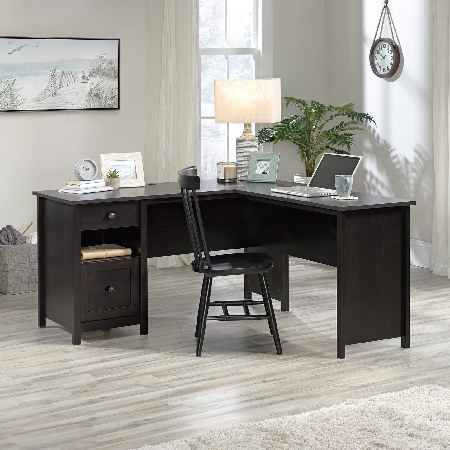 Sauder County Line L-Desk, L: 61.26" x W: 59.06" x H: 30.04", Estate Black Finish - WoodArtSupply