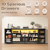 Huuger 63 Inch LED TV Stand Dresser with Power Outlets, USB-C Port and LED Lights, 10 Fabric Drawer Dresser for Bedroom, Long Entertainment Center for 65, 70 Inch TV, Open Shelves, PU Leather, Black Huuger