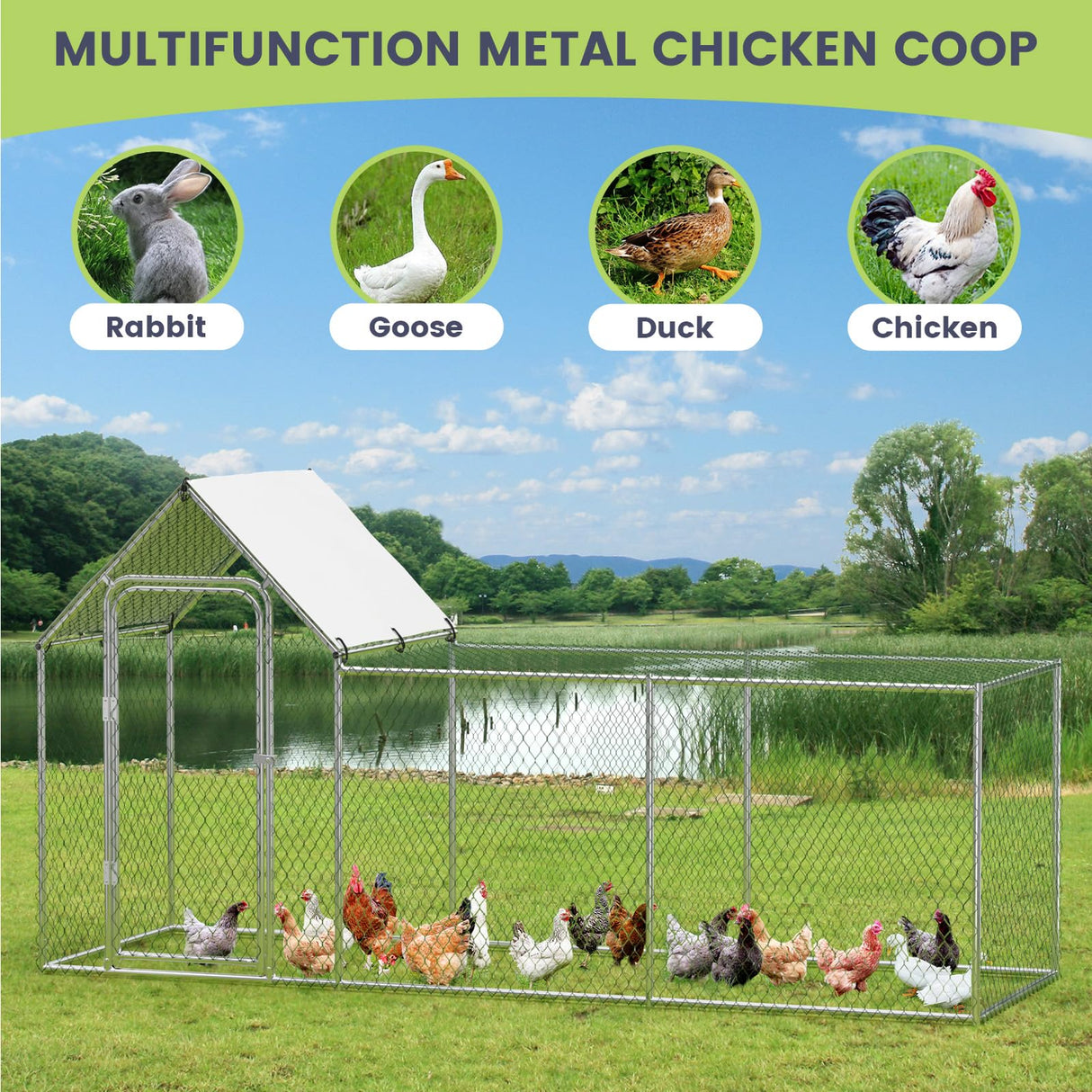 VerisShade Metal Chicken Coop, Large Chicken Run for 6/10 Chickens, Walk-in Chicken Coop for Yard Poultry Cage with Waterproof and Anti-Ultraviolet Cover for Rabbits Duck Outdoor,10' W x 3.3' D x 5' H VerisShade