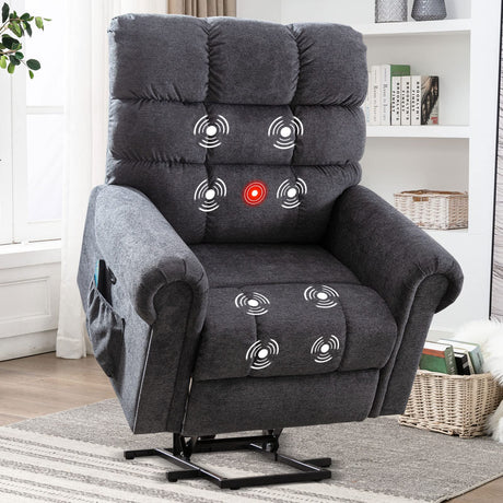 CANMOV Large Power Lift Recliner Chairs with Massage and Heat for Elderly Big People, Heavy Duty Electric Reclining Chairs Overstuffed Wide Recliner with USB Port and Side Pocket, Gray CANMOV