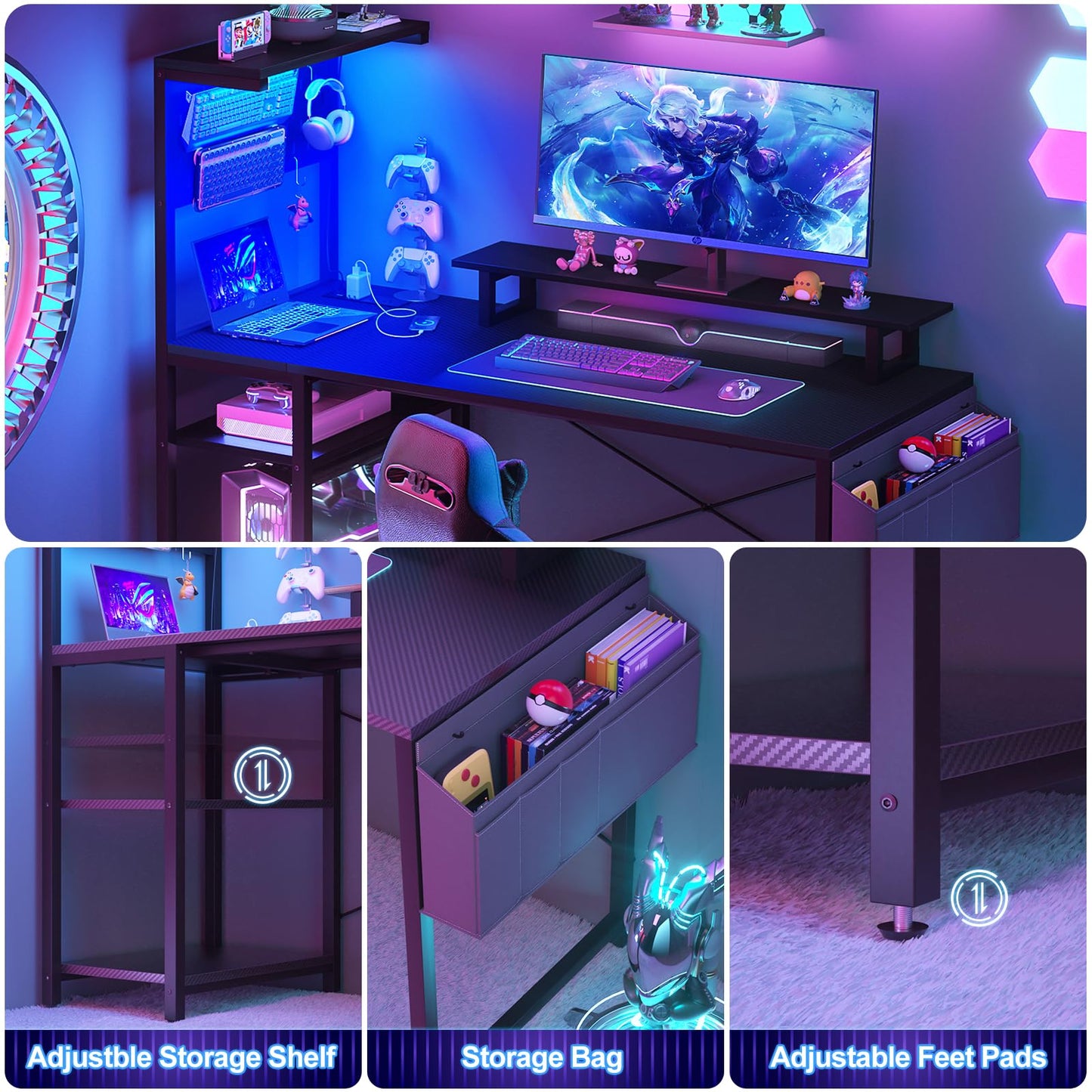 Homieasy Gaming Desk with Power Outlets & Pegboard & Led Light, 43 Inch Computer Desk with Reversible Storage Shelves & Side Storage Bag, PC Gamer Desk with Hutch & Monitor Stand, Carbon Fibe - WoodArtSupply