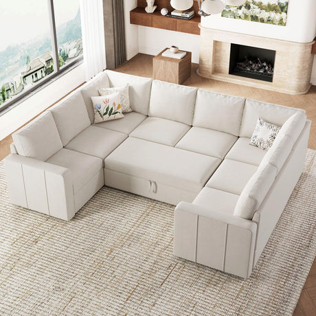 Belffin Modular Sectional Sleeper Sofa Bed with Pull Out Couch, Oversized U Shaped Sleeper Pull Out Bed with Storage Loveseat, Convertible Sectional Couches for Living Room, Beige Belffin