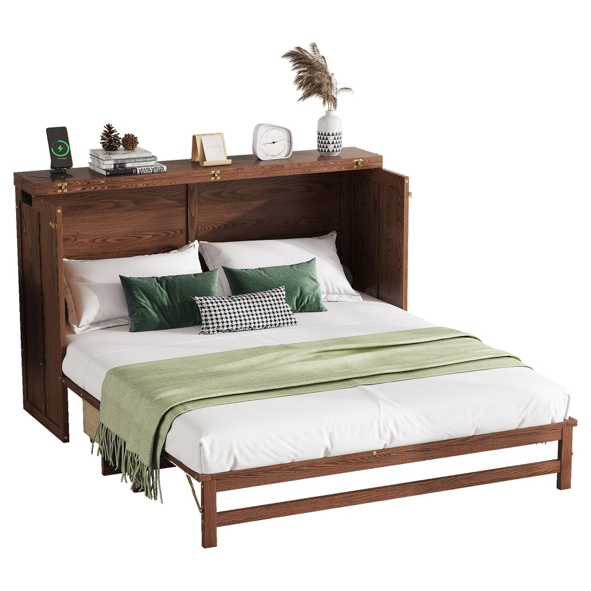 DNChuan Queen Size Murphy Cabinet Bed with 2 Storage Drawers and USB-Port,Foldable Murphy Horizontal Platform Bed,Dresser Bed,Space Saving,No Box Spring Needed,Walnut DNChuan