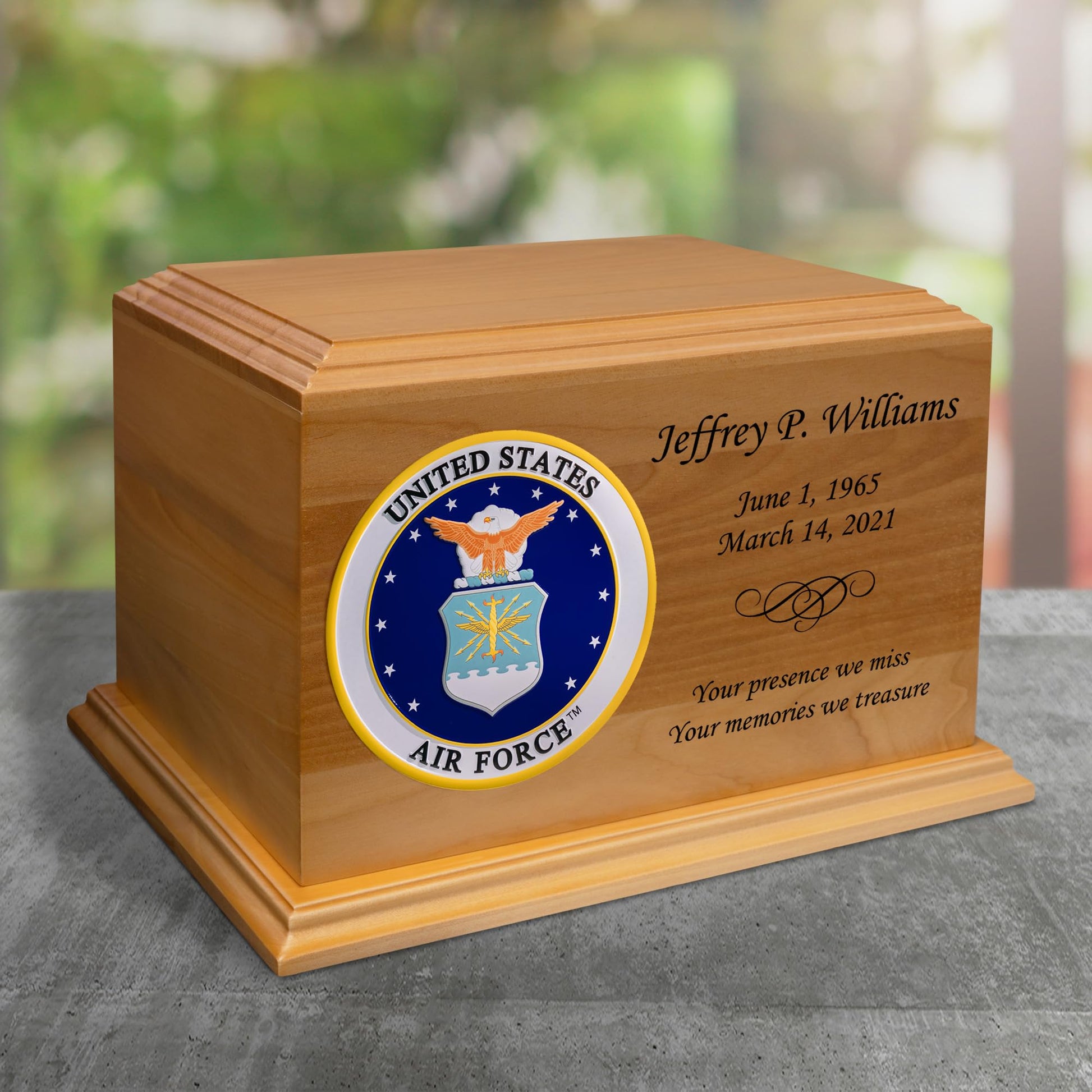 Mainely Urns Air Force Emblem Diplomat Solid Cherry Hardwood Cremation Urn - Solid Wood Urn for Ashes - Made in The U.S.A. - 210 Cubic Inch Capacity - WoodArtSupply