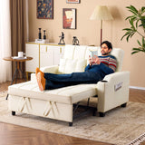 VINGLI Beige Futon Sofa Bed Convertible Loveseat Sleeper Couch, Faux Leather Pullout Sofa Fold Out Couch Bed with USB Ports, Cup Holders, Armrest for Living Room, Bedroom Apartment Room VINGLI