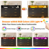 EnHomee Black Dresser for Bedroom with 6 Drawers and Shelves,Modern Wood Dresser with LED Lights,Large TV Stand,Hallway,47.3" W x 39.4" H x 15.8" D,Black EnHomee