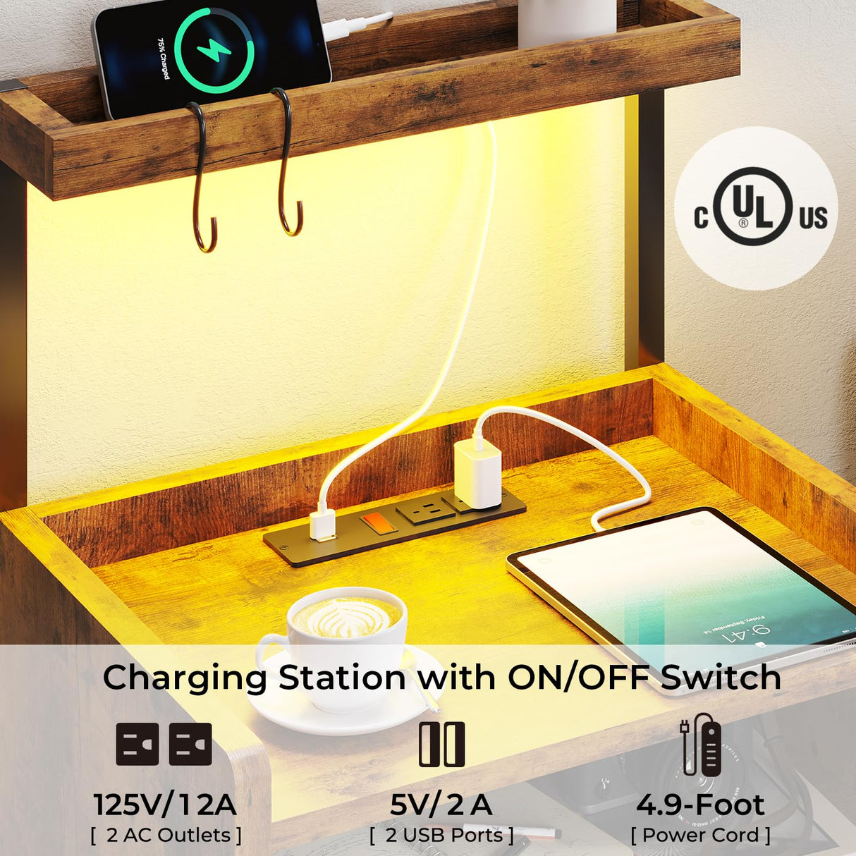 VIAGDO Nightstand with Charging Station and LED Lights, Rustic Brown Night Stand with Drawer, Modern End Side Table with Open Storage Shelves, Bedside Tables for Bedroom, Office VIAGDO