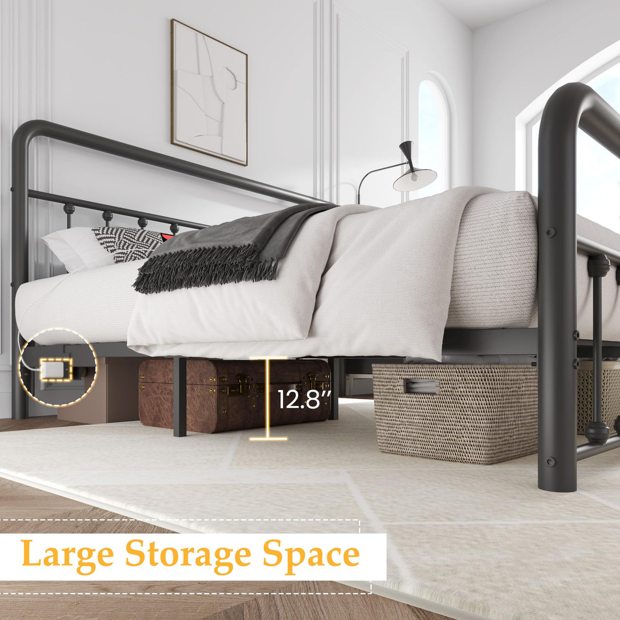 Fluest Queen Bed Frame Classic Metal Platform Bed Frame with Charging Station & LED, Victorian Style Iron-Art Headboard/Footboard, Under Bed Storage, No Box Spring Needed, Noise Free, Black Fluest