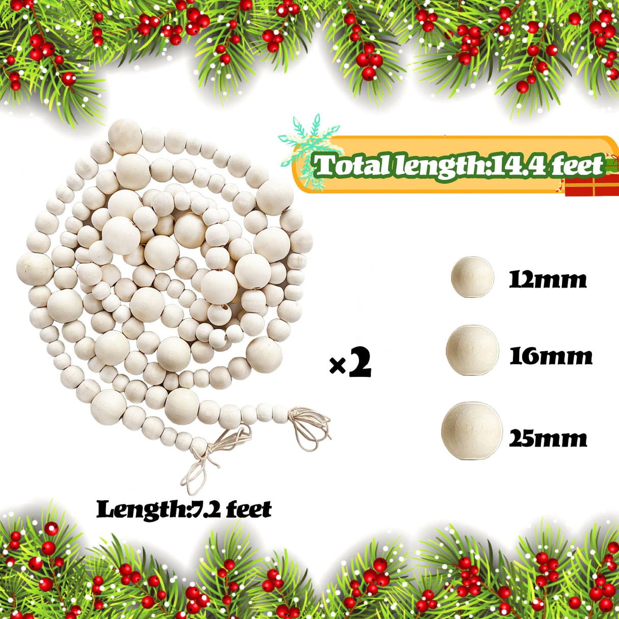 2 PCS Christmas Wooden Beads Garland,14.4Feet Natural Round Craft Bead Garland,Farmhouse Bead Garland for Boho Decorations,Christmas Tree Hanging Decorations Eerrhhaq