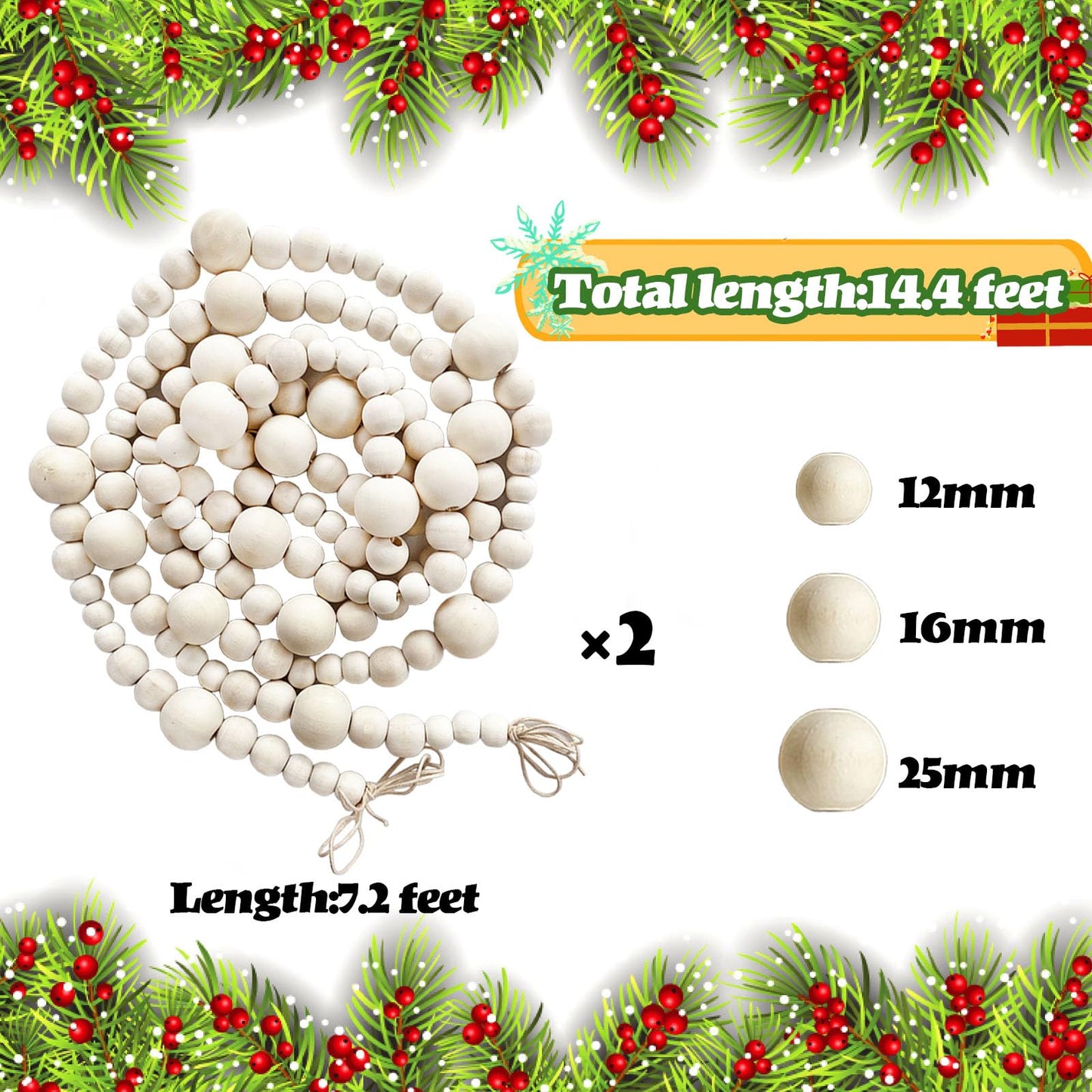 2 PCS Christmas Wooden Beads Garland,14.4Feet Natural Round Craft Bead Garland,Farmhouse Bead Garland for Boho Decorations,Christmas Tree Hanging Decorations