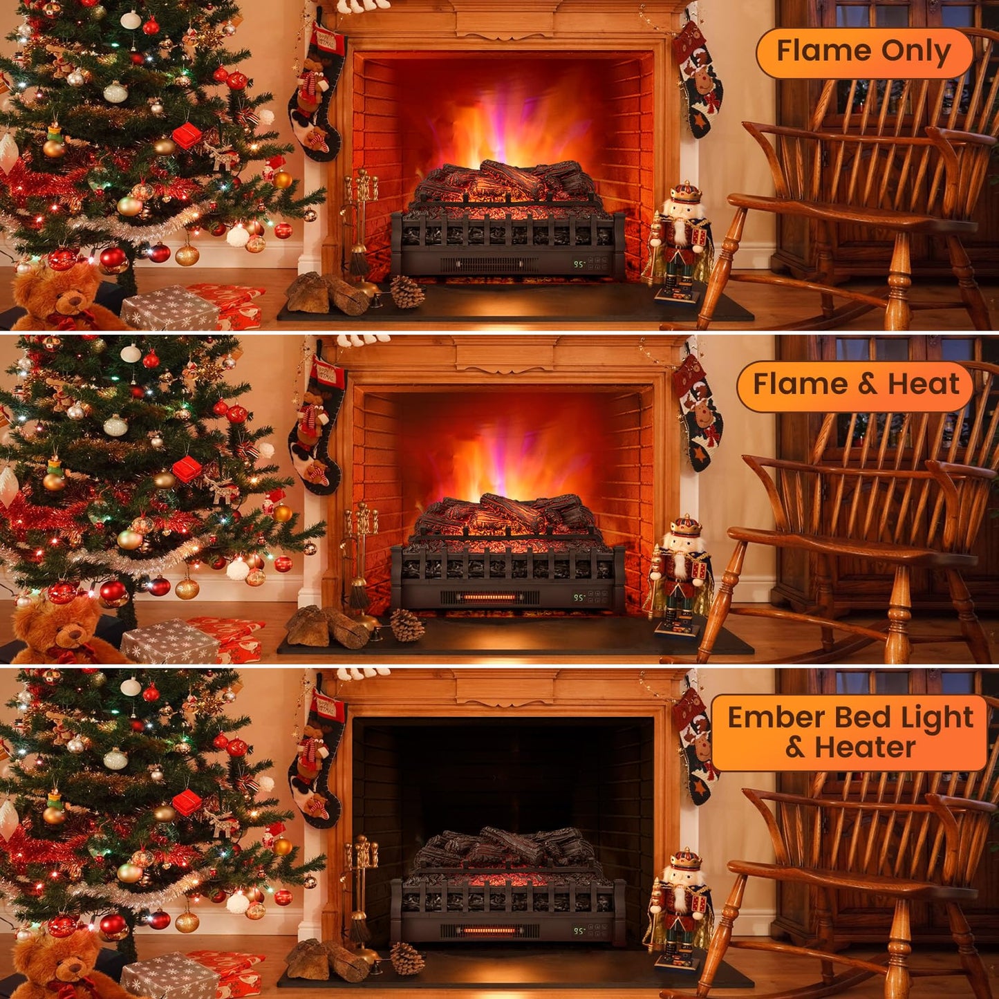 Tangkula 26” Infrared Quartz Electric Fireplace Log Heater with Realistic Pinewood Ember Bed, Electric Fireplace Heater Insert with Overheat Protection, Thermostat, 8H Timer, Remote Control, 1500W