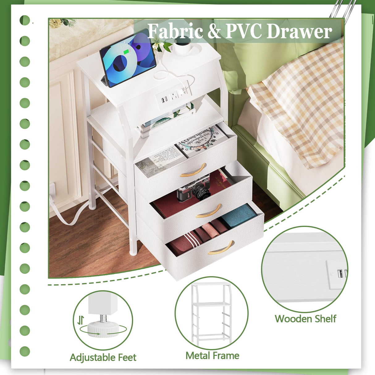 Furnulem Night Stand with Charging Station, 28.3 Inch Tall Bedside Table with PVC Drawers, End Table with USB Ports and Outlets, 3 Fabric Drawer Storage Nightstand for Bedroom, 3 Ways to Use, White Furnulem